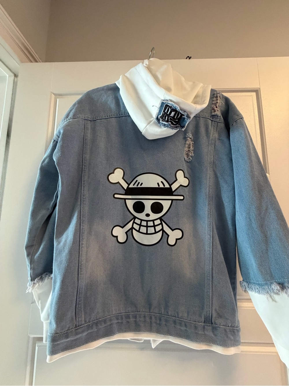 Anime Jean Jacket with Straw Hat Jolly Roger on back